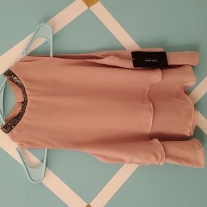 Zara Champaign Pink Ruffle Blouse with Beaded Collar